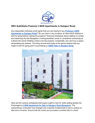 GRC Subhiksha Premium 3 BHK Apartments in Sarjapur Road