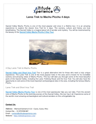 Lares Trek to Machu Picchu 4 days