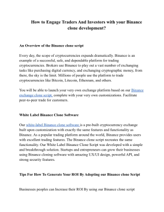 How to Engage Traders And Investors with your Binance clone development