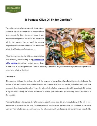 Is Pomace Olive Oil Fit for Cooking