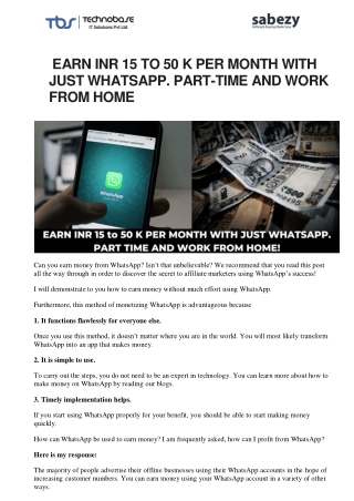 Earn INR 15 to 50 k Per Month With Just Whatsapp. Part-Time And Work From Home.