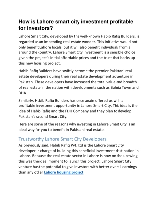 How is Lahore smart city investment profitable for investors