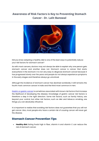 Awareness of Risk Factors is Key to Preventing Stomach Cancer