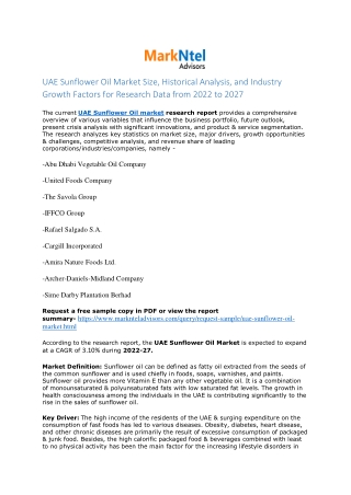 UAE Sunflower Oil Market Research Report: Forecast (2022-27)