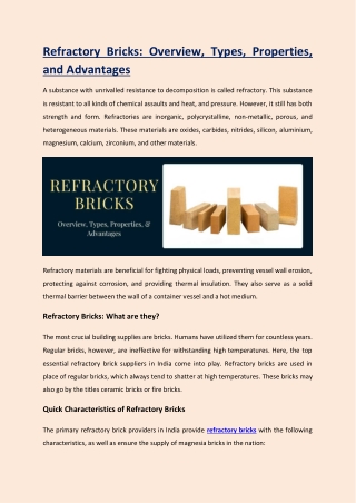 Refractory Bricks Overview, Types, Properties, and Advantages