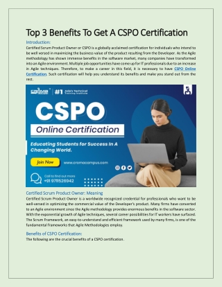 Top 3 Benefits To Get A CSPO Certification