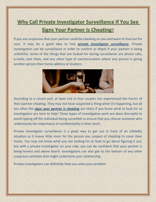 Why Call Private Investigator Surveillance If You See Signs Your Partner Is Cheating
