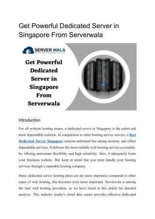 Get Powerful Dedicated Server in Singapore From Serverwala