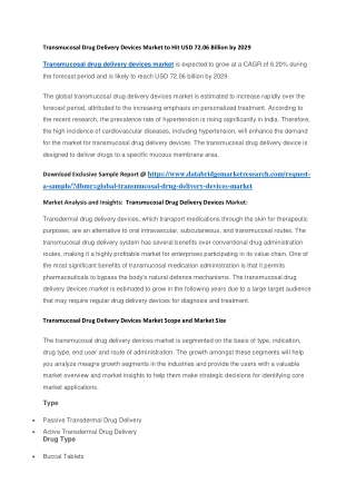 Transmucosal Drug Delivery Devices Market to Hit USD 72.06 Billion by 2029