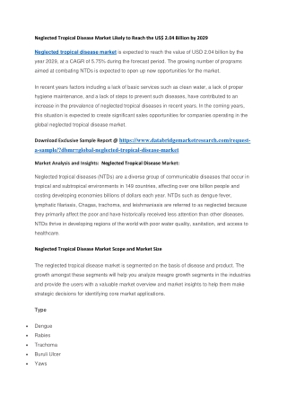 Neglected Tropical Disease Market Likely to Reach the US 2.04 Billion by 2029