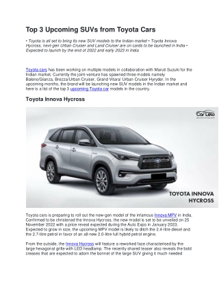 Top 3 Upcoming SUVs from Toyota Cars