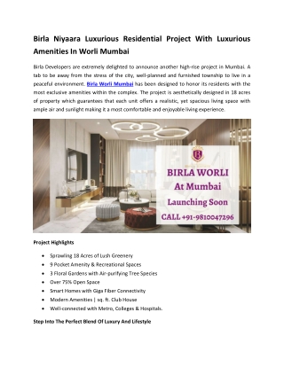 Birla Niyaara Luxurious Residential Project With Luxurious Amenities In Worli Mumbai