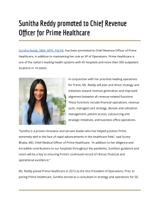 Sunitha Reddy promoted to Chief Revenue Officer for Prime Healthcare