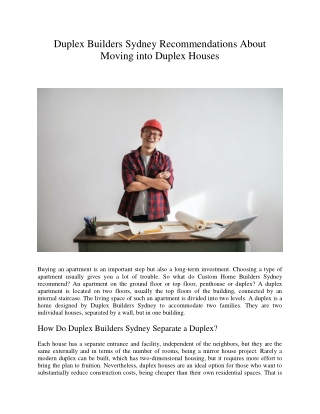 Duplex Builders Sydney Recommendations About Moving into Duplex Houses
