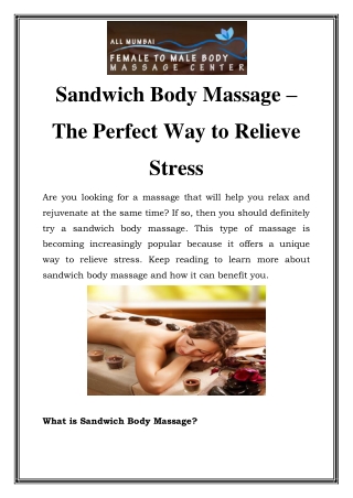 Sandwich Body Massage in Malad Call-9082092883