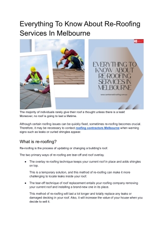 Everything To Know About Re-Roofing Services In Melbourne