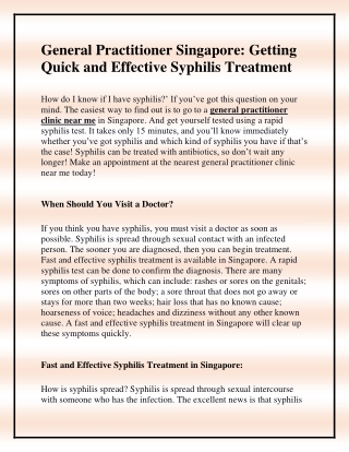 General Practitioner Singapore: Getting Quick and Effective Syphilis Treatment
