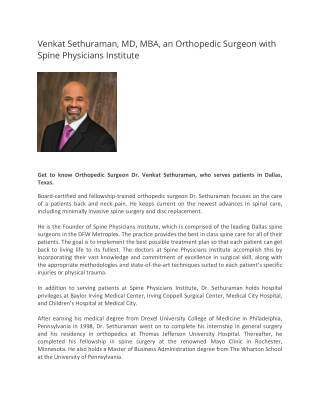 Venkat Sethuraman, MD, MBA, an Orthopedic Surgeon with Spine Physicians Institute