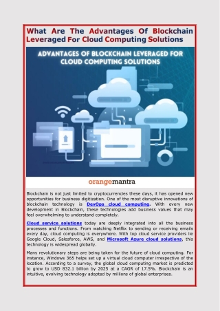 What Are The Advantages Of Blockchain Leveraged For Cloud Computing Solutions