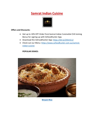 Get up to 15% off - Samrat Indian Cuisine Magill