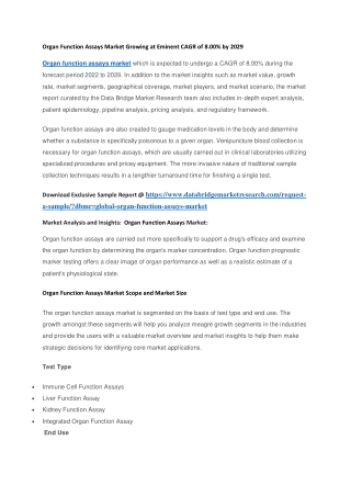 Organ Function Assays Market Growing at Eminent CAGR of 8.00 by 2029
