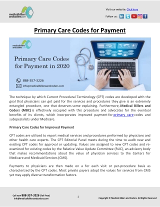 Primary Care Codes for Payment