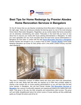 Best tips for Home Redesign by Premier Abodes Home Renovation Services in Bangalore