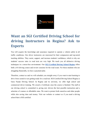 Want an SGI Certified Driving School for Driving Instructors in Regina?