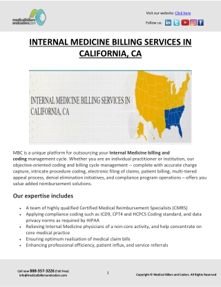 INTERNAL MEDICINE BILLING SERVICES IN CALIFORNIA, CA