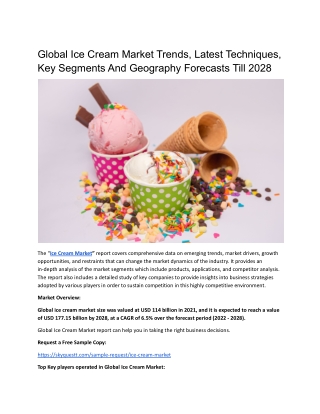 Global Ice Cream Market Trends, Latest Techniques, Key Segments