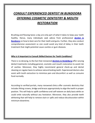 CONSULT EXPERIENCED DENTIST IN BUNDOORA OFFERING COSMETIC DENTISTRY