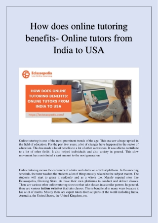 How does online tutoring benefits- Online tutors from India to USA