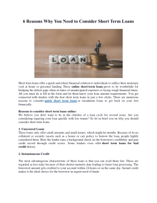 6 Reasons Why You Need to Consider Short Term Loans