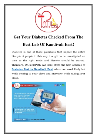 Diabetes Test in Kandivali East Call-9930161014