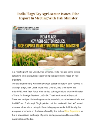 India Flags Key Agri-sector Issues, Rice Export In Meeting With UAE Minister