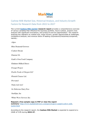 Cashew Milk Market | Massive Consumer Base Backing the Expansion through 2022
