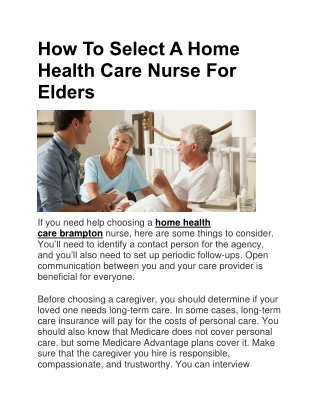 How To Select A Home Health Care Nurse For Elders