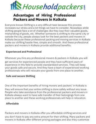 Advantages of Hiring Professional Packers and Movers in Kolkata