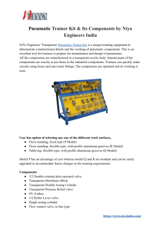 Pneumatic Trainer Kit & Its Components by Niyo Engineers India