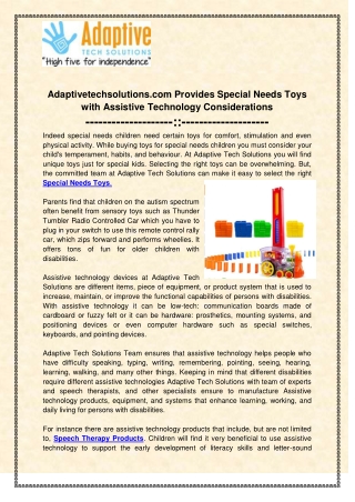Adaptivetechsolutions.com Provides Special Needs Toys with Assistive Technology Considerations