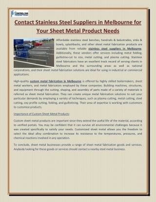 Contact Stainless Steel Suppliers in Melbourne for Your Sheet Metal Product Needs