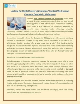 Looking for Dental Surgery & Solution Contact Well-known Cosmetic Dentists in Melbourne