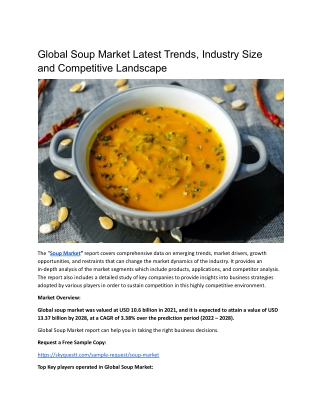 Global Soup Market Latest Trends, Industry Size and Competitive Landscape