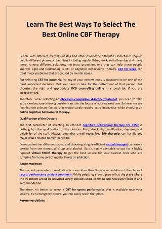 Learn The Best Ways To Select The Best Online CBF Therapy
