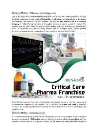 Critical Care Medicine PCD Company Franchise Opportunity