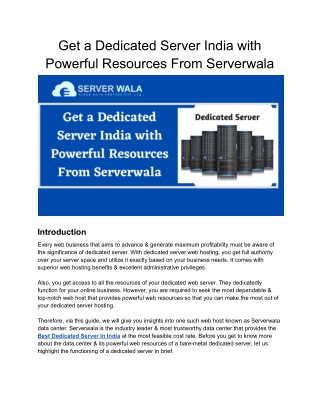 Get a Dedicated Server India with Powerful Resources From Serverwala