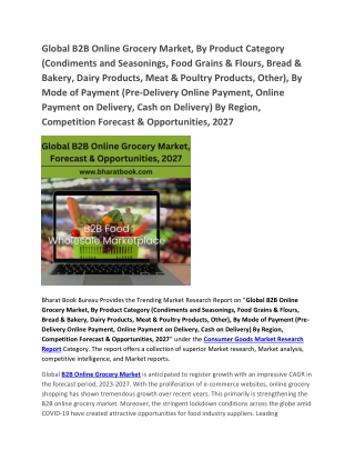 Global B2B Online Grocery Market, Forecast & Opportunities, 2027