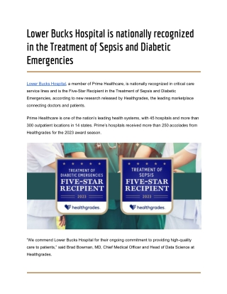 Lower Bucks Hospital is nationally recognized in the Treatment of Sepsis and Diabetic Emergencies