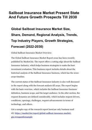 Sailboat Insurance Market Present State And Future Growth Prospects Till 2030