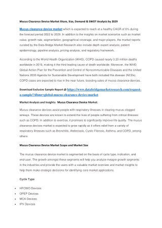 Mucus Clearance Device Market Share, Size, Demand & SWOT Analysis by 2029